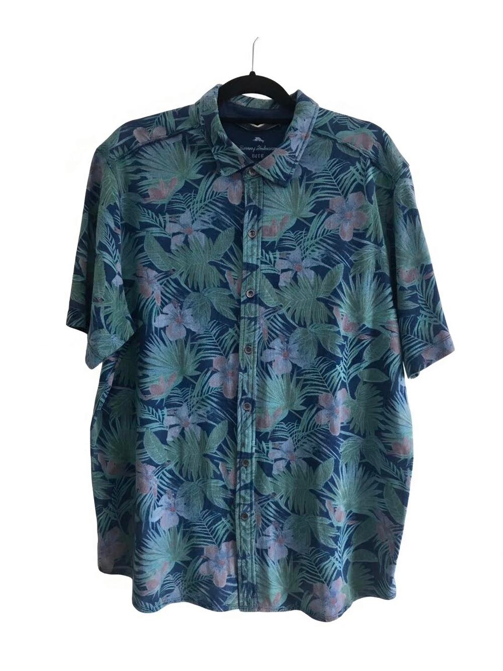 Tommy Bahama Mens XL Hawaiian Floral Button Shirt Blue Cotton Jersey Knit Aloha